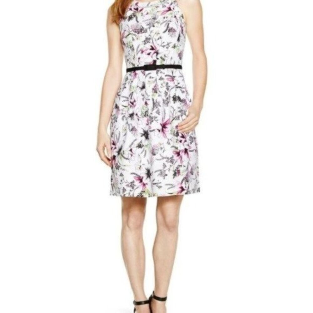 White House Black Market Floral Sleeveless Round Neck Pleated Fit & Flare‎ Dress